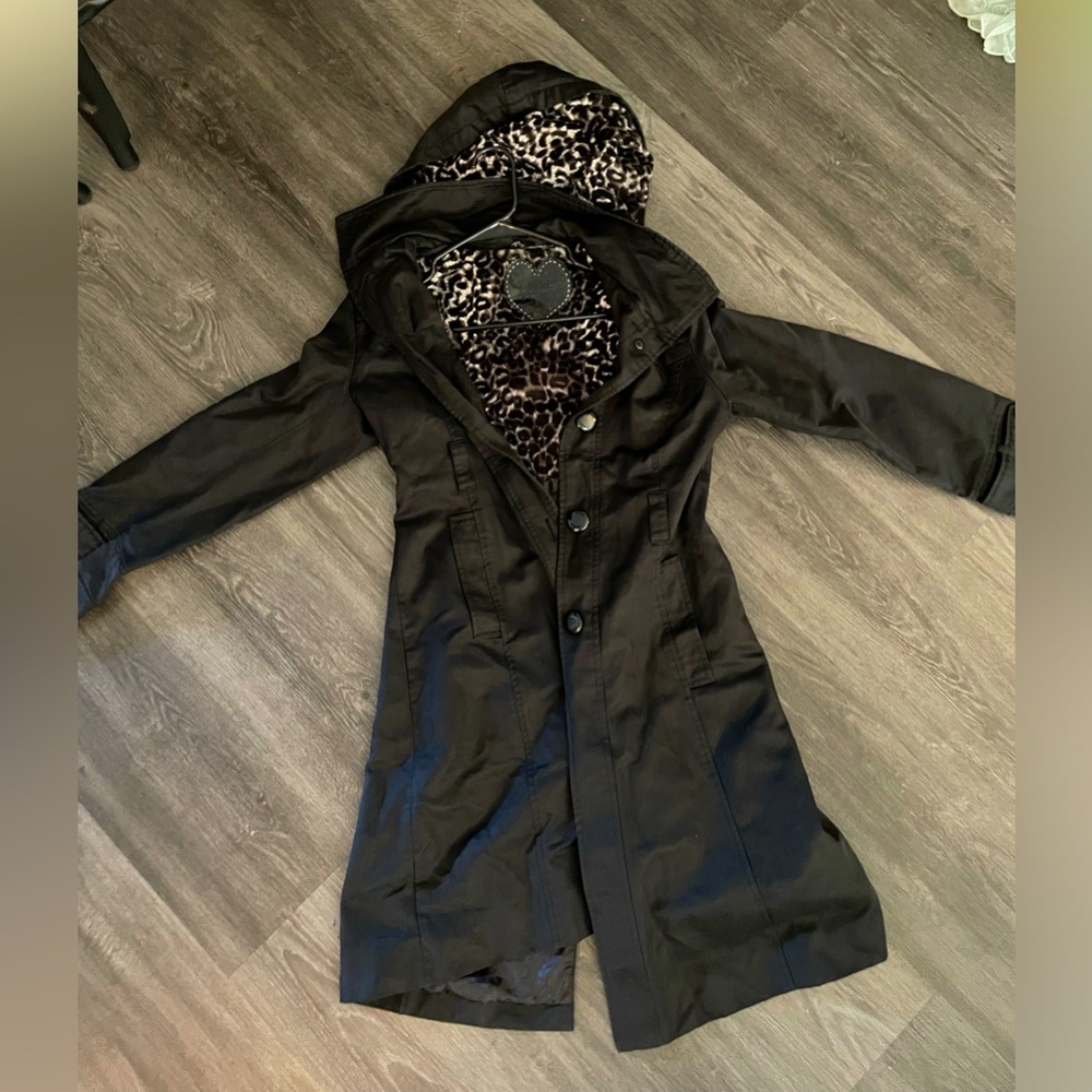 Guess Black Trench Coat with Leopard Lining